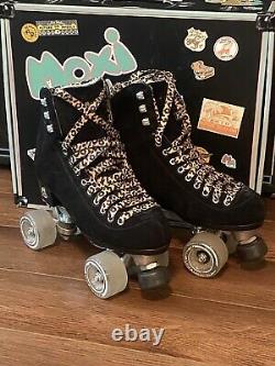 Moxi Panther Roller Skates Black Suede Riedell Size 7 fits Womens 7-8 Leopard