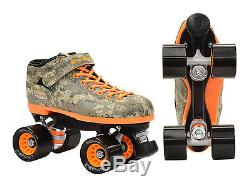 New Riedell R3 Green & Orange Digital Camo Quad Roller Derby Speed Skates