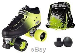 Riedell 2 Tone Dart Black & Green Ombre Quad Roller Speed Skates 3 Pc. Bundle
