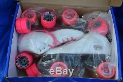 Riedell Quad Roller Speed Skates R3 White with Pink Wheels Size 8 extra wheels