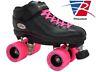 Riedell R3 Back & Pink Quad Roller Derby Speed Skates Demon Wheels with Groove