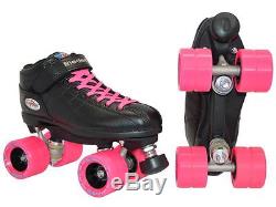 Riedell R3 Back & Pink Quad Roller Derby Speed Skates Demon Wheels with Groove
