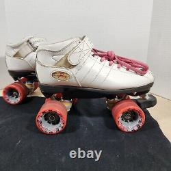 Riedell R3 Cayman Quad Roller Skates White Derby Style Pink Laces Wheels Size 7