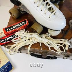 Riedell Roller Skates White Sz 7 With Wood Box Book And Accessories