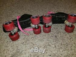 Riedell USA Black Leather Roller Speed Skates Vintage Women's 7/8 rare pink red