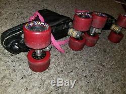 Riedell USA Black Leather Roller Speed Skates Vintage Women's 7/8 rare pink red