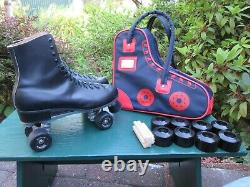 Vintage Riedell Leather Roller Skates Size 12 + 8 Kryptos Wheels with Carry Bag