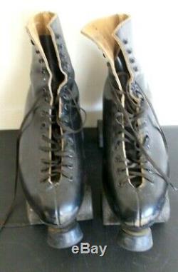 Vintage Riedell Roller Black Leather Rink Skates Mens 10 Rare with Stopper Pair