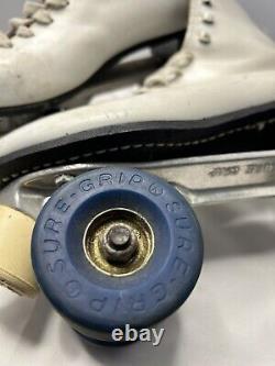 Vintage Riedell Roller Skates 8 Sure Grip White W Blue Wheels Leather USA