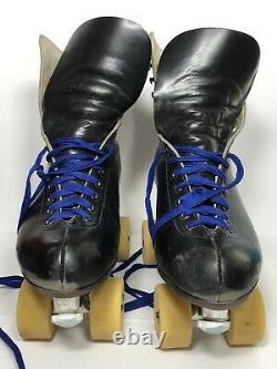 Vintage Riedell Roller Skates Black Leather Boots Sure Grip Plates Powell Bones