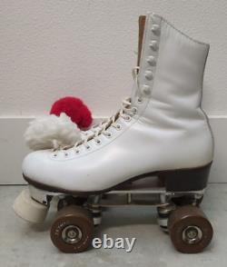 Vintage Riedell White Leather Roller Skates Size 7 with Pom-Poms Sure Grip Classic