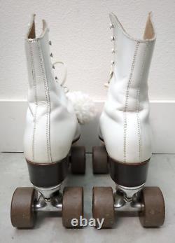 Vintage Riedell White Leather Roller Skates Size 7 with Pom-Poms Sure Grip Classic