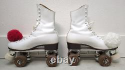 Vintage Riedell White Leather Roller Skates Size 7 with Pom-Poms Sure Grip Classic