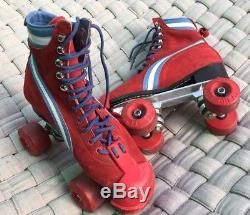 Vtg HANG TEN Riedell Sz 8 Suede ROLLER SKATES Cherry Red blue roller-skate