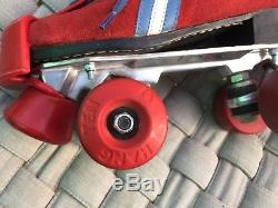 Vtg HANG TEN Riedell Sz 8 Suede ROLLER SKATES Cherry Red blue roller-skate