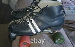 Vtg Riedell Black Leather Roller Skates Boots Size 8.5 Invader Plate Zinger
