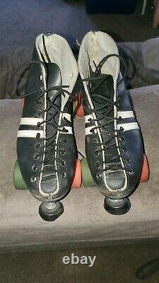 Vtg Riedell Black Leather Roller Skates Boots Size 8.5 Invader Plate Zinger